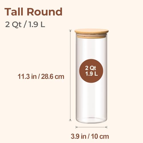 ComSaf 1.9L Glass Spaghetti Pasta Storage Container with Lids Set of 3, Tall Clear Airtight Food Storage Jar with Cover Kitchen Pantry Storage Container for Noodles Flour Cereal Coffee Beans