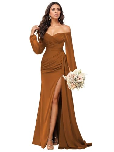 Everlong Long Sleeve Bridesmaid Dresses for Women Satin Off The Shoulder Formal Evening Dresses with Slit EL009
