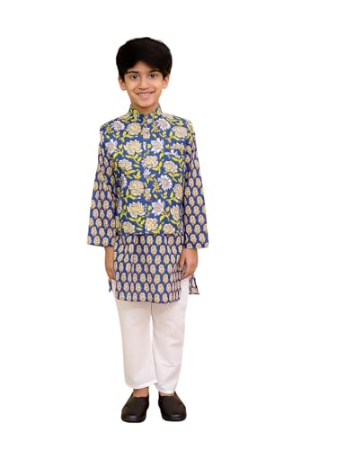 Image of The Mom Store Boys Printed Cotton Kurta Pajama Set With Jacket | Soft And Comfortable Ethnic Wear For Baby /Kids Boys | Full Sleeves Kurta Pyjama Set | Traditional Indian Outfit