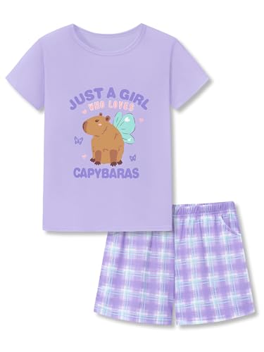 Beezizac Little & Big Girls Pajamas Purple Plaid Capybara Short Sleeves & Shorts Soft 2-Piece PJ Set Kid Jammies Size 12