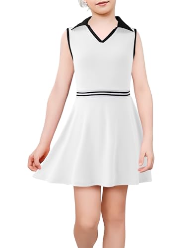 Image of Girls Tennis Dress Golf Outfit Sleeveless Athletic Dresses Polo V Neck Sport Skirt with Pockets 4-13Y