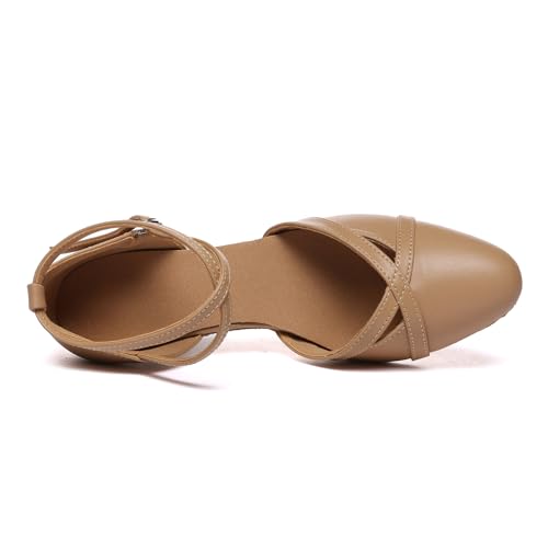 Women's Ballroom Dance Shoes Light Tan Closed Toe Latin Salsa Character Performance Dancing Shoes with 3 inch Heels2