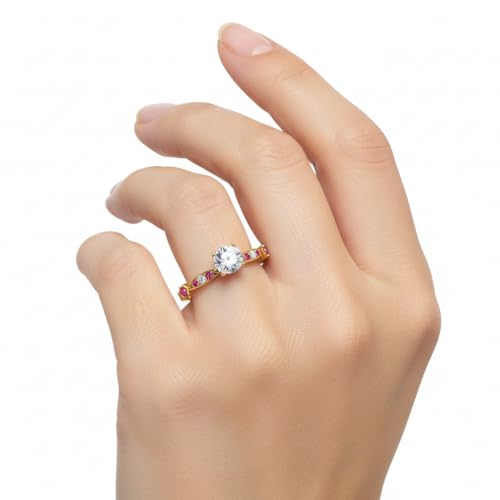 Image of Choose Your Gemstone Petite Pave Diamond CZ Engagement Ring Yellow Gold Plated Round Shape Petite Engagement Rings Minimal Modern Design Birthday Gift Wedding Gift US Size 4 to 12