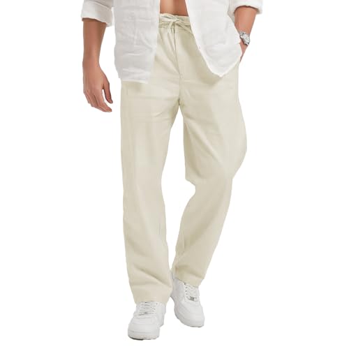 Isle Bay Linens Casual Linen Pants for Men - Summer Beach Pants with Pockets, Loose fit and Elastic Drawstring Waist White Color