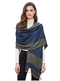 Women's Double Layered Border Pattern Reversible Pashmina Shawl Scarf Wrap Stole (003-10 Dark Blue)