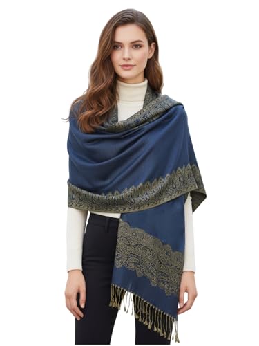 Women's Double Layered Border Pattern Reversible Pashmina Shawl Scarf Wrap Stole (003-10 Dark Blue)