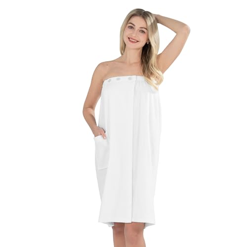 Winthome Toalla de Sauna Mujer 100% Algodón, Toalla de Baño Grande Suave y Cómoda, Absorbente, Ajustable con Botones, Albornoz Ducha Mujer para Sauna, Ducha, Playa, Piscina (Blanco, 80x145cm)