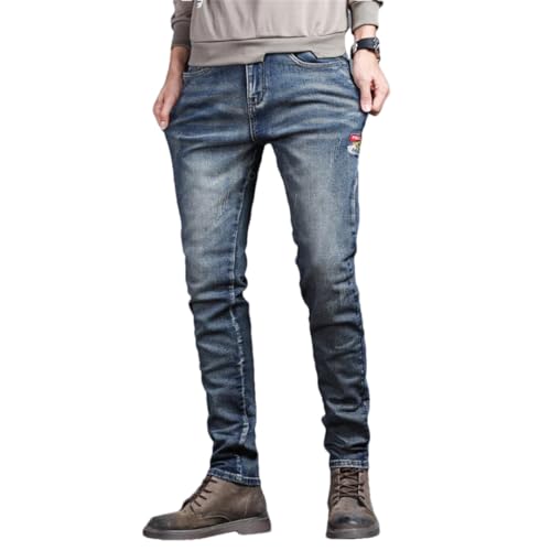 Men Vintage Blue Solid Color Elastic Classic Slim Denim Jeans Blue 36