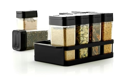 Image of PAXCOO 4Pcs Set Air tight Masala Box Transparent Spice Storage Jar For Kitchen Masala Container With Tray,Easy Flow Spice Multi Storage Container Food-Grade Plastic,Multipurpose,Kitchen(Black)