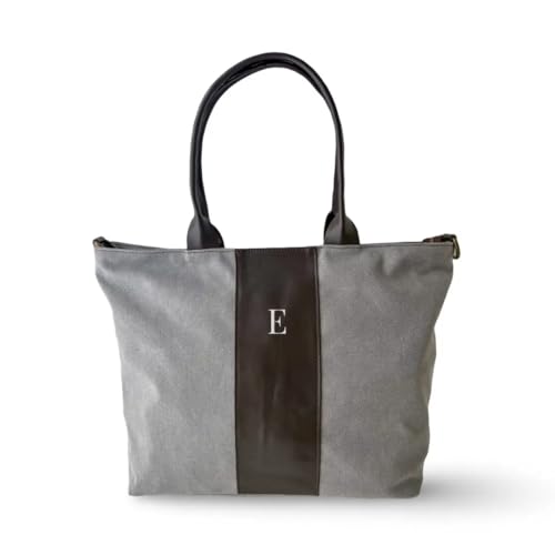 Cocholate | Bolso de hombro Inés | Bolso Loneta y Cuero | Bordado y Personalizado con tus iniciales (Gris Oscuro)