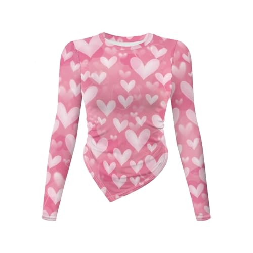 Gzzxiailg Pink Hearts Womens Fashionable Basic Tees Long Sleeve Bodycon Bottoming Tops Irregular Hem Fall Clothes for Valentine's Day Slim Fit Thermal Tops Soft Underwear Plus Sizes