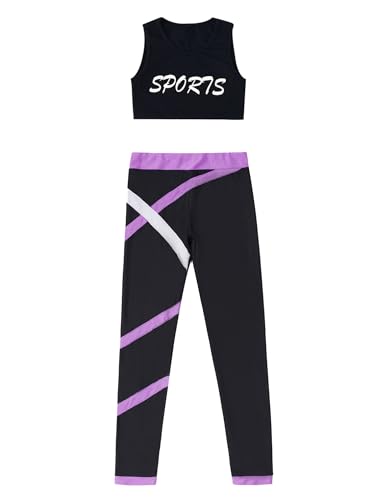 easyforever Kid Girls Crop Tops Racerback Tank Top And Gymnastics Leggings 2 Piece Dance Sports Clothes Set Black&Lavender 6 Years3
