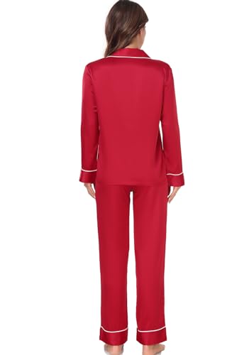 Image of Serenedelicacy Women's Satin Pajama Set Long Sleeve Button Down Sleepwear 2-Piece Silky Pj Set