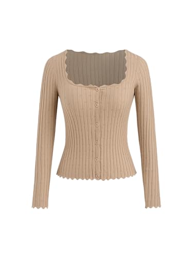 Image of CIDER Women's Ribbed Knit Crop Cardigan Long Sleeve Square Neck Button Down Shirts Slim it Tops
