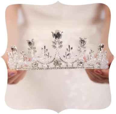 Wekicici Queen Tiaras Crystal Pearl Crown Silver Flower Leaves Baroque Wedding Headband Headpieces Crown for Birthday Pageant Prom Bridal Party for Women