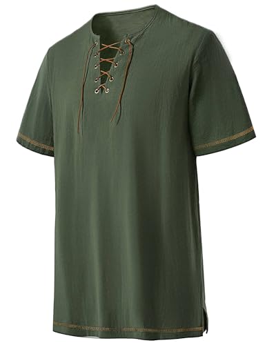 PARTTELY Mens Pirate Shirt Renaissance Costume Men Pure Cotton Short Sleeve Lace Up Renaissance Shirt for Pirate Costume