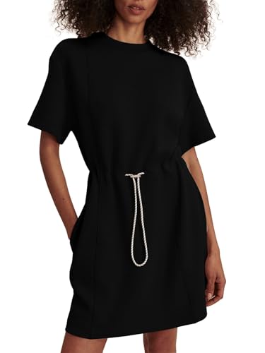 Image of COCOMARTS Dresses for Women Summer Short Sleeve Crew Neck Sweatshirt Dress Drawstring Waist Tunic Tops Mini Vacation Sundress