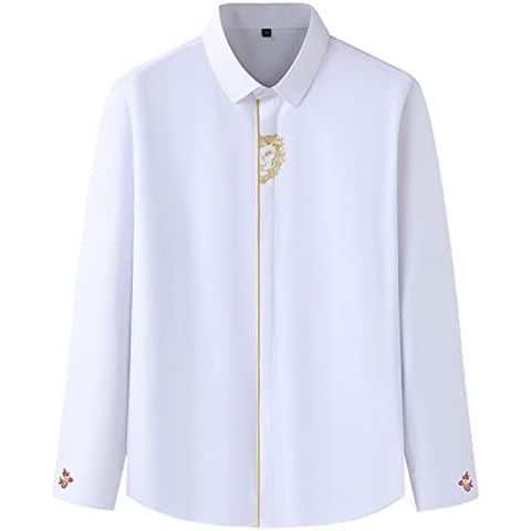 WINDEHAO Autumn Plus Size 9XL Men's Long Sleeve Embroidered Shirt,Solid Lapel Business Blouse,Casual Hidden Button Dress Shirt (White,7XL/210/144) Cover