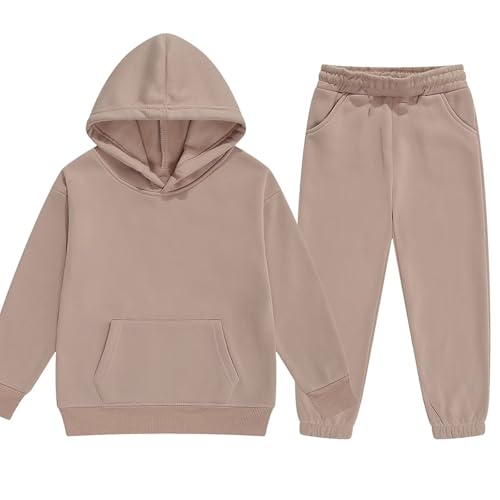DHSPKN Kids Girls Boys 2 Pcs Tracksuit Athletic Sweatsuits Sets Hooded Sweatshirt and Jogger Sweatpants Clothing Sets for Kids,Apricot,150
