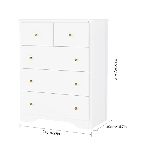 Housuit Dresser With 5 Drawers, Modern Dressers For Bedroom, Wide Chest Of Drawers Clothes Organizer, Wooden Nightstand For Living Room, Closet, Hallway, White #TOP2