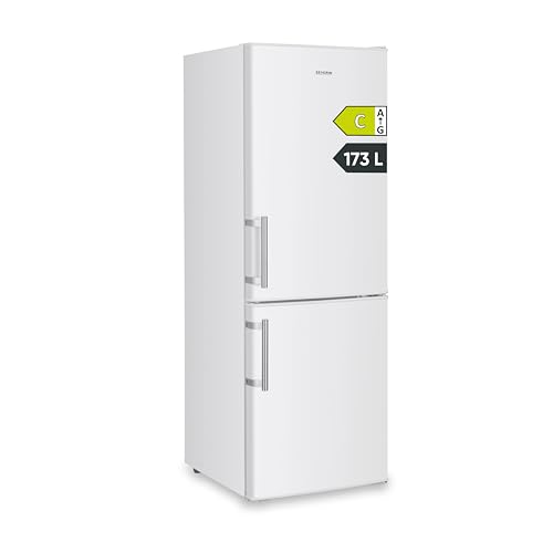 SEVERIN Kühl-Gefrierkombination, Energieeffizienzklasse C, Kühlen 121L, Gefrieren 52L, LED Beleuchtung, 142,5 cm Höhe, 4-Sterne-Gefrierfach, verstellbare Ablagefläche, 124 kWh, weiß/Metall, DT 8770