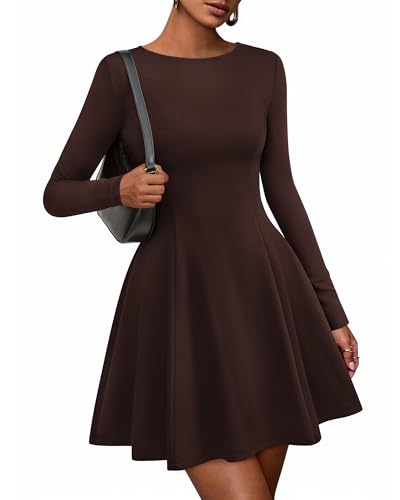 BTFBM Fall Dresses for Women 2025 Elegant Classy Flowy A Line Long Sleeve Business Homecoming Cocktail Sweater Dress(Brown, X-Large)