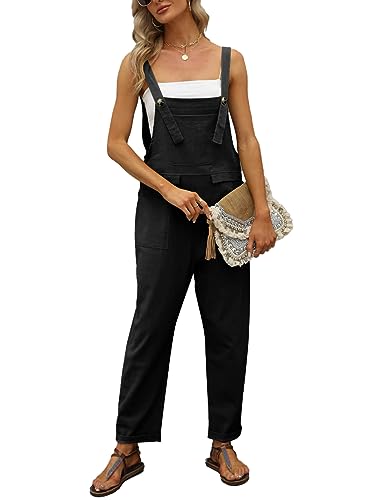 Vanchenl Damen Lose Baumwolle Leinen Overalls Sommer Casual Baggy Verstellbare Jumpsuits Strampler Haremshose Schwarz S