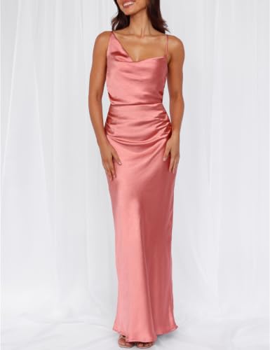 Image of Formal Satin Silk Spaghetti Strap Maxi Dresses for Women Wedding Guest