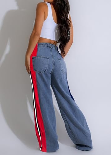 Angsuttc Jeans for Women Patchwork Stripes Trendy Jean High Elastic Waist Color Blocked Wide Leg Denim Pant Stretchy2