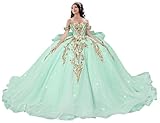 TRHTX Plus Size Mint Green Quinceanera Dresses Ruffle Off Shoulder Vestidos De 15 Años Sparkly Gold Lace Sweet 15 Dress with Train 18