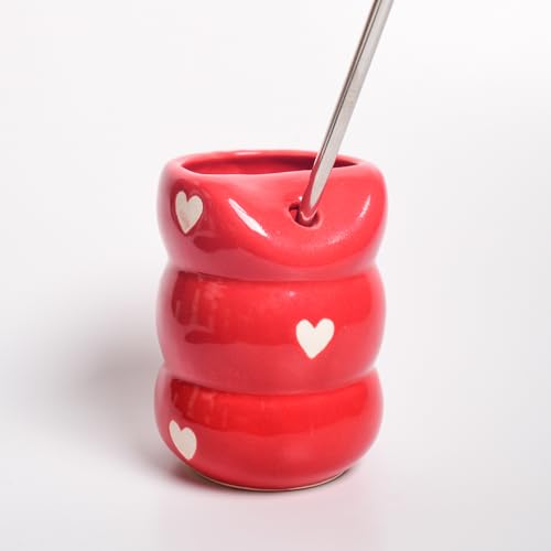Image of Sip Bubble Ceramic Tumbler with Stainless Steel Straw | Red Heart Pattern, Handmade, Drinkware | 220 ML