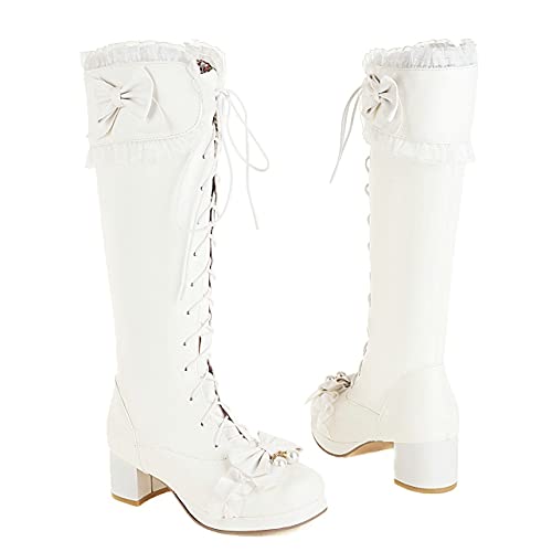 UniqueStride Womens Lolita Knee High Boots Mid Chunky Heel Lace up Boots Cute Sweet Bows Party Cosplay Kawaii Boots2