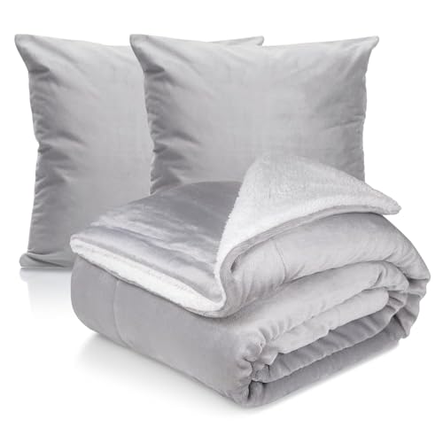 Cozyor Set: 1x Kuscheldecke XL + 2X Kissenbezug Samt+ 2X Kissen 45x45cm weiche Sherpadecke flauschig 150x200cm, hochwertige Tagesdecke, hellgrau...
