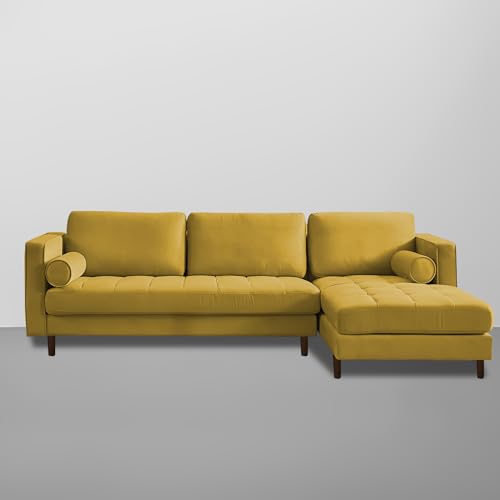 Image of Lezra RHS 4 Seater L Shape Sofa Set with Center Table for Living Room (Yellow Fabric) Premium Fabric Sofa