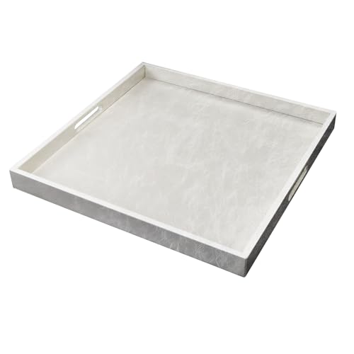 LNFUMS 25 * 25 inches Leather Rectangle Serving Tray with Hole Handles,High-End Light Large Service Tray for Ottoman Tray, Tea, Food, Butler - Countertop, Kitchen,Family Dinner, Picnic(White)