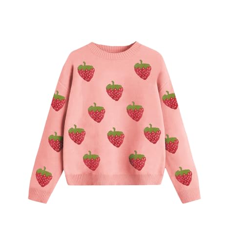 Girls Sweaters Strawberry Pattern Casual Crewneck Long Sleeve Knit Pullover Tops for Kids Size 5-14 Years by EGOCKAL - Used condition - US$12.88