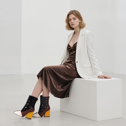 Women Ankle Boots Black High Heel Ankle Booties Red Chunky Punk Booties Square Toe Back Zipper Boots 3.5 Inch Block Heel with Metal Rivet3