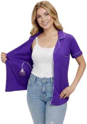 USBD Post Mastectomy Shirt with Drain Pockets Lapel Collar Post Op Button Down Recovery Tops