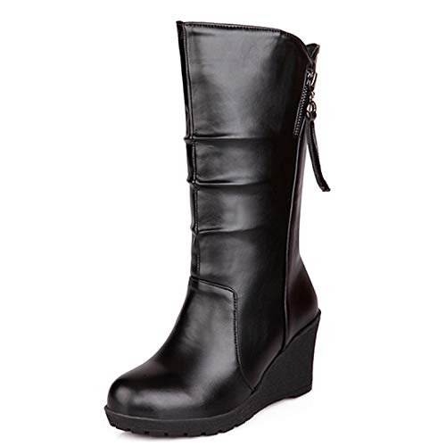 Bottes à Talons Compensés pour Femme | Bottines Mi-mollet à Bout Rond Confortables