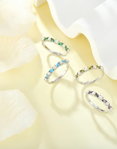 YL Freshwater Pearl Birthstone Eternity Stackable Ring, Solid 925 Sterling Silver 18K White Gold Plated Jewelry Gifts for Women2