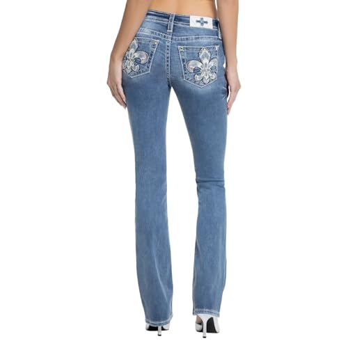 Miss Me Women's Shelly Fleur De Lis Embellished Pockets Mid-Rise Slim Bootcut Jeans (Dark Blue, 29W x 34L)