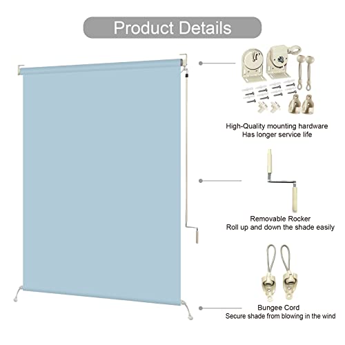 ZY Blinds Exterior Blackout Cordless Window Blinds, Waterproof Light Blue Fabric Outdoor Roller Shades, Sunlight Protection Pull Shade Privacy Screen for Deck, Porch, Balcony, Backyard