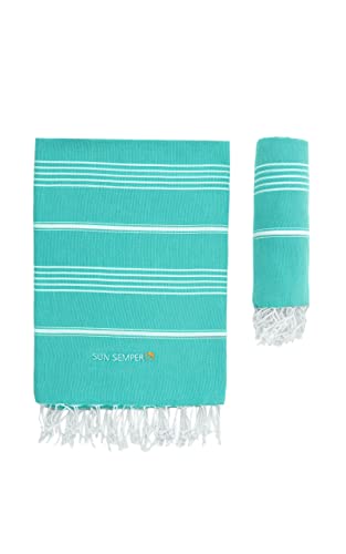SUN SEMPER Beach Towel 100% Organic Turkish Cotton Sand Free Quick Dry Lightweight Peshtemal Bath Towel Travel Blanket Beach Accessories Beach Gifts Oversized 38