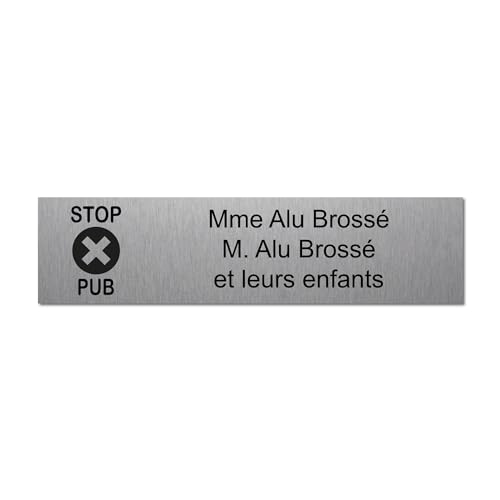 Plaque gravée pour nom boîte aux lettres STOP PUB autocollante 10x2,5cm personnalisée 1 à 3 lignes Alu Brossé