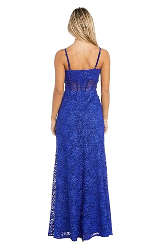 Image of Long Lace Corset Gown W /Illusion Scallop Bodice, Spaghetti Straps & High Slit