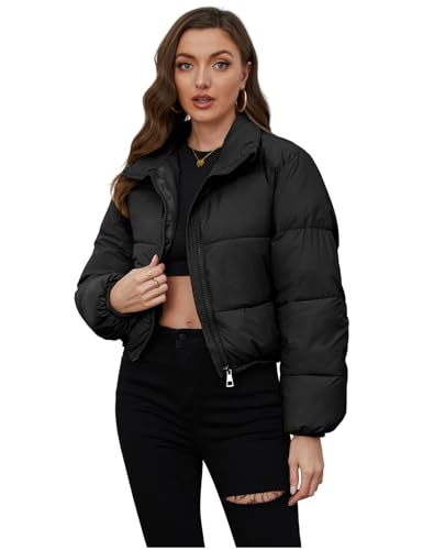 Wyeysyt Women's Cropped Puffer Jacket Winter Quilted Stand Collar Lightweight Outerwear Coats with Pockets