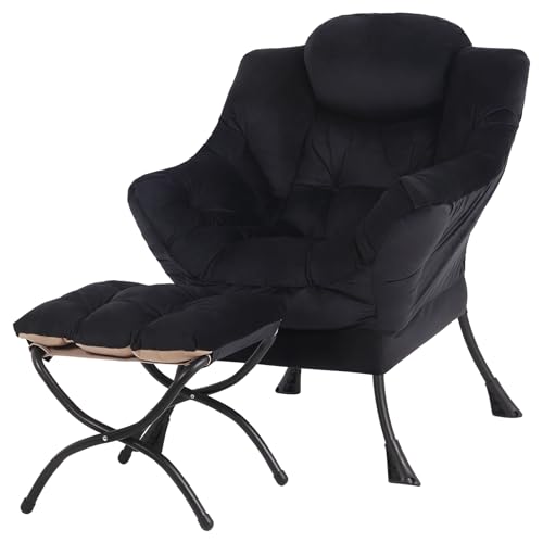 Image of Tiita Lazy Chair with Ottoman, Black Modern Large Accent Chair, Comfy Leisure Sofa Armchair with Ottoman, Reading Chair with Footrest for Bedroom, Living Room, Dorm Rooms, Velvet Black