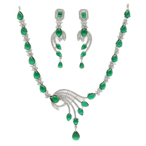 Image of ZENEME Rhodium Plated Silver Toned American Diamond Studded Paisley Necklace With Earrings Jewellery Set For Women & Girls