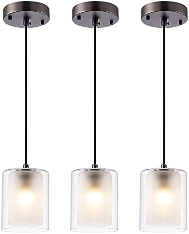 IMPIOIO Modern Glass Pendant Light Cylinder Mini Frosted Indoor Hanging Lighting Adjustable Height, Matted Gun Metal for Kitchen Island Dining Room Over The Kitchen Sink 3 Packs