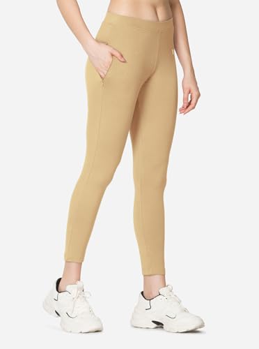 Image of VSTAR PL02 Women Ankle Length Stretchable Slim Fit Leggings with Secured Side Pocket | Moisture-Wicking | Soft Waistband & Cotton-Elastane Fabric | XXL | Butter Scotch